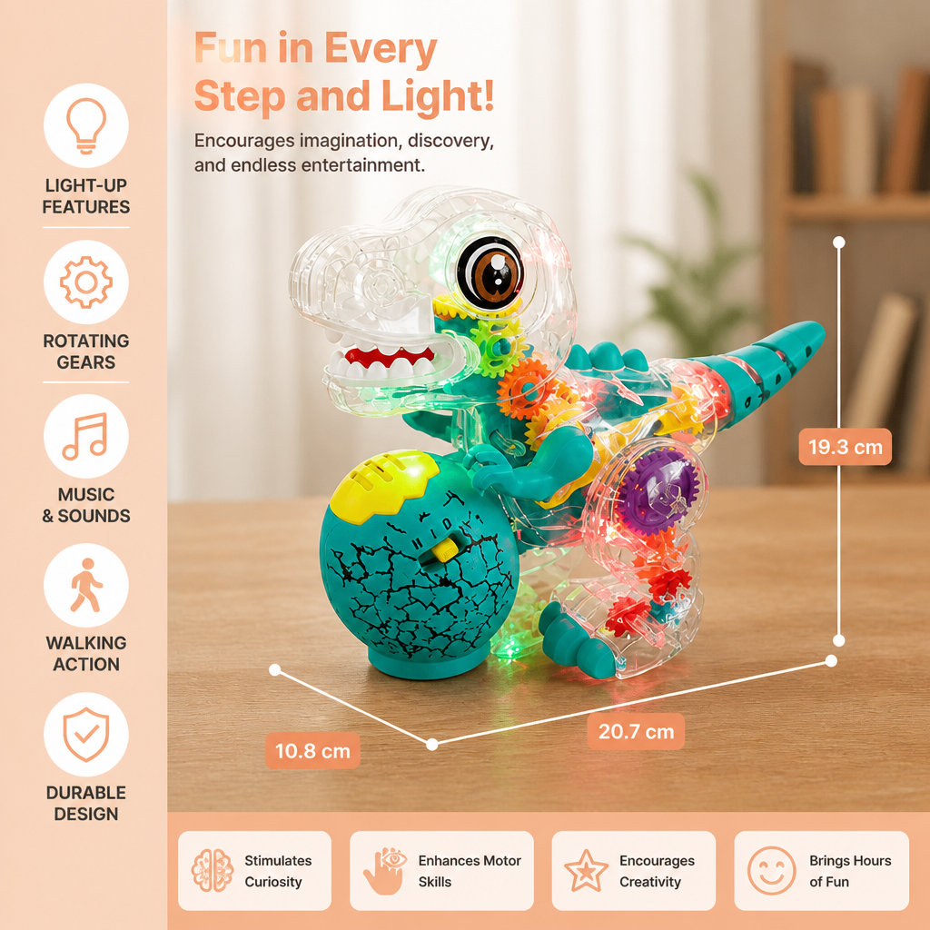 Interactive Light-Up Gear Dinosaur Toy with Music & Walking Action