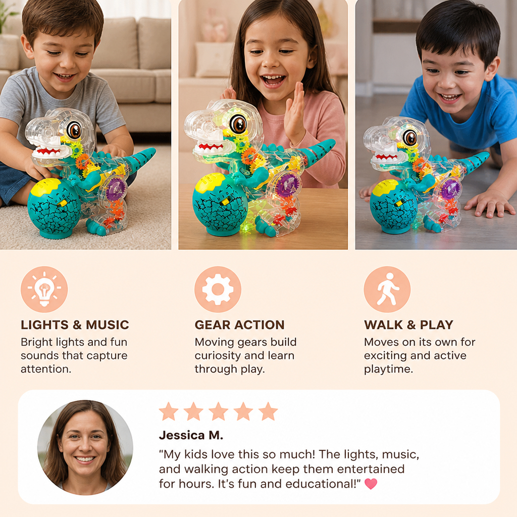 Interactive Light-Up Gear Dinosaur Toy with Music & Walking Action