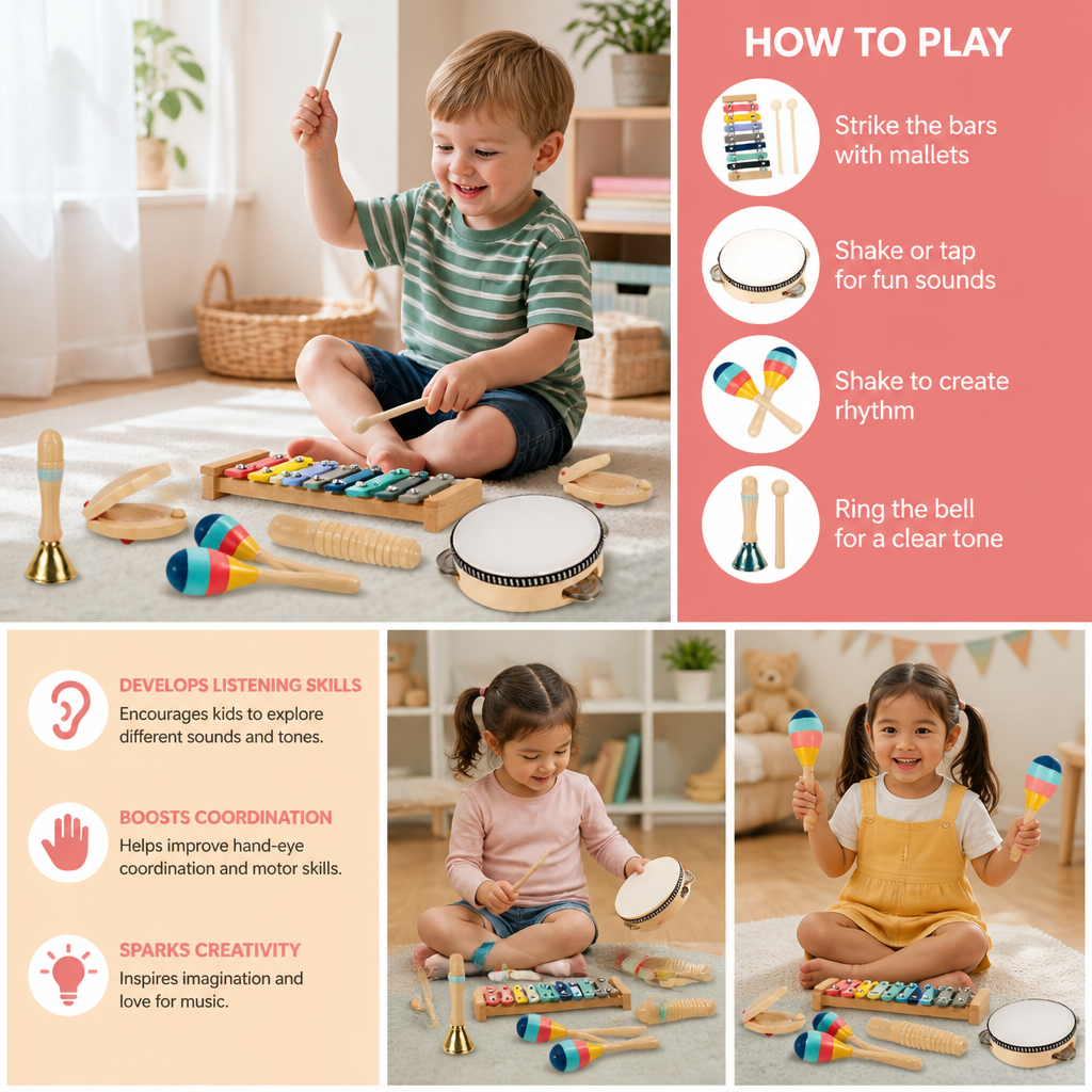 Wooden Musical Instrument Set – Montessori Percussion & Rhythm Learning Toys for Kids