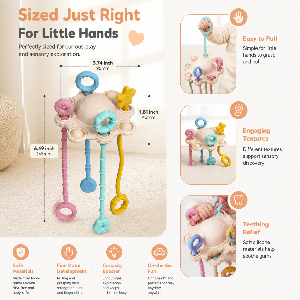 Montessori Sensory Pull & Explore Teething Toy – Silicone Pull Cord for Tactile Learning & Gum Relief
