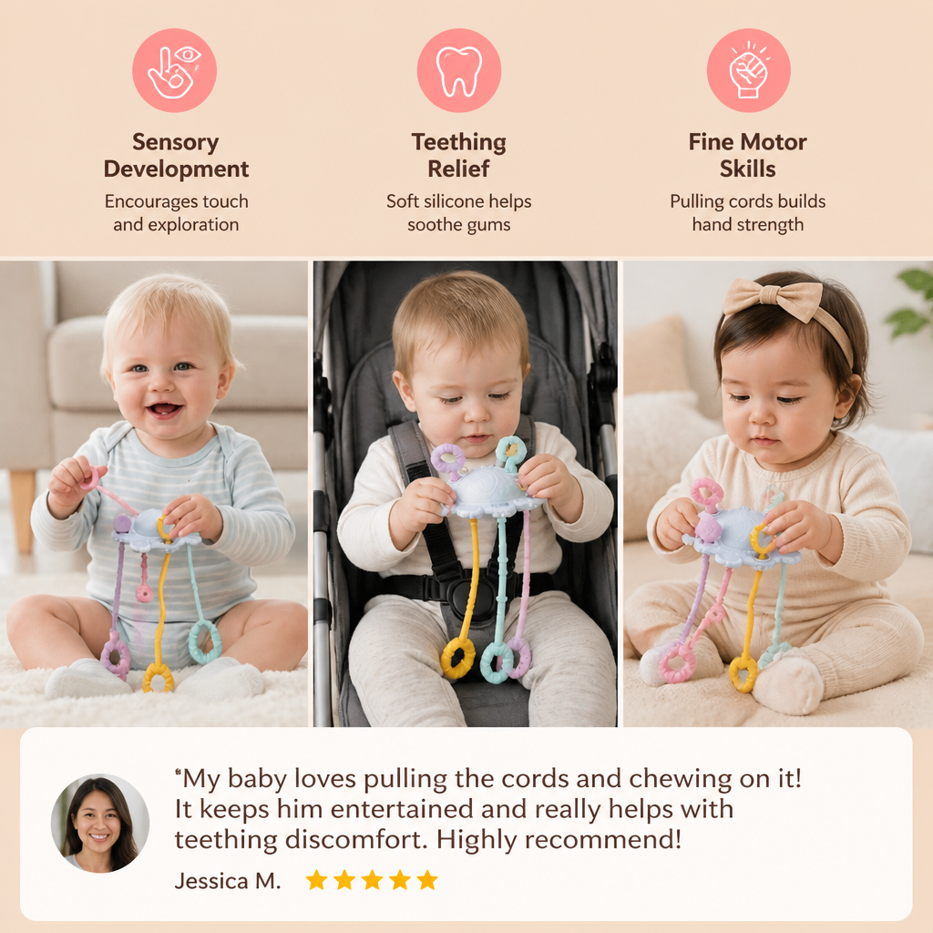 Montessori Sensory Pull & Explore Teething Toy – Silicone Pull Cord for Tactile Learning & Gum Relief