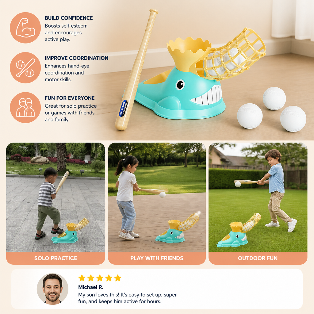 Step-On Baseball Pitching Machine with Bat & Balls for Kids