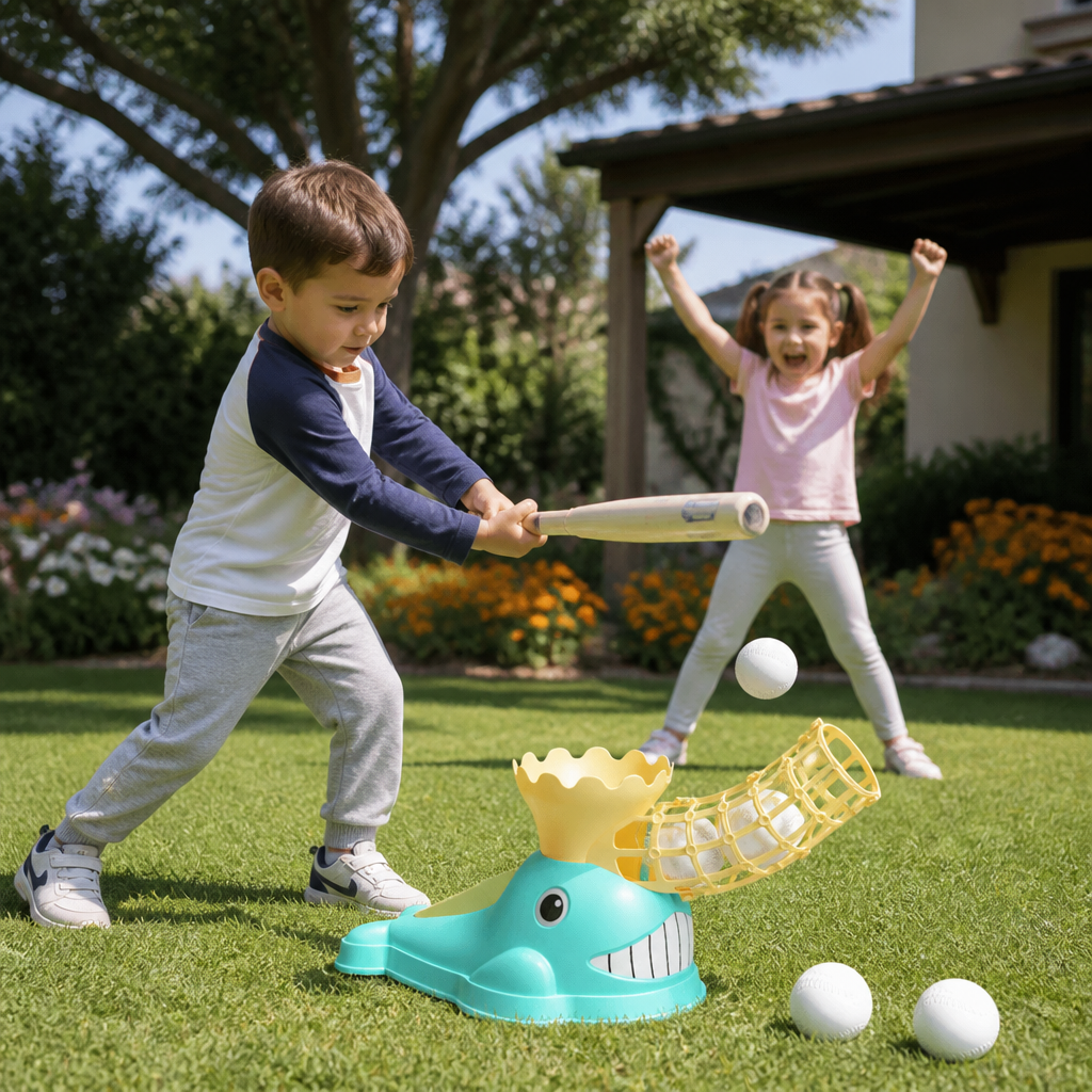 Step-On Baseball Pitching Machine with Bat & Balls for Kids