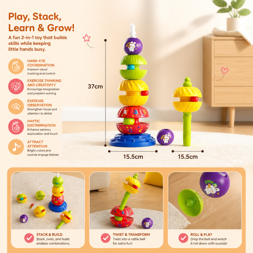 2-in-1 Interactive Rotating Stack & Ball Drop Tower with Rattle for Kids
