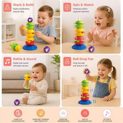 2-in-1 Interactive Rotating Stack & Ball Drop Tower with Rattle for Kids