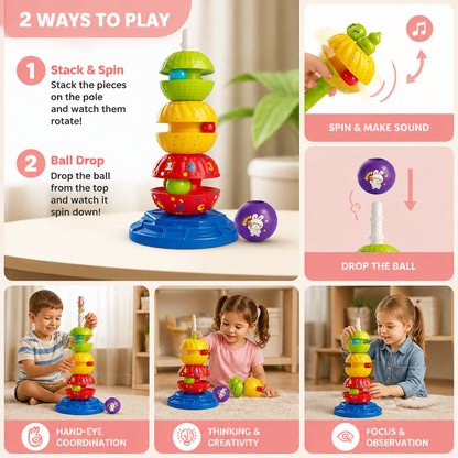 2-in-1 Interactive Rotating Stack & Ball Drop Tower with Rattle for Kids