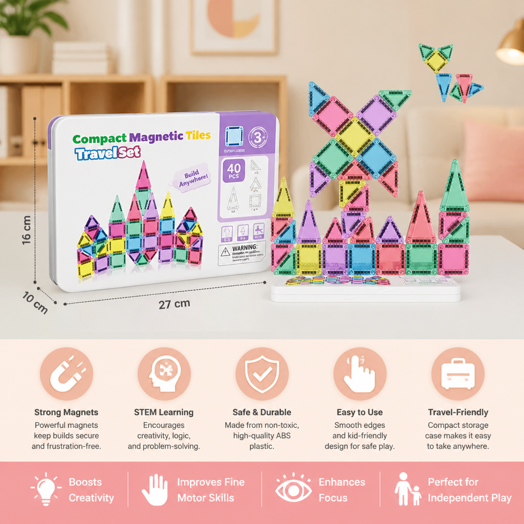 Compact Magnetic Tiles – 40-Piece Montessori Travel Set