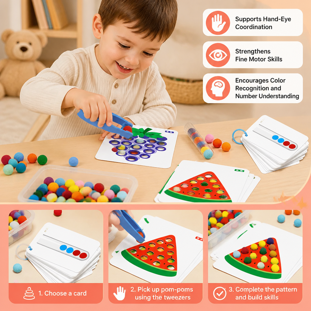 Montessori Pom-Pom Color & Numbers Learning Game for Fine Motor Skills
