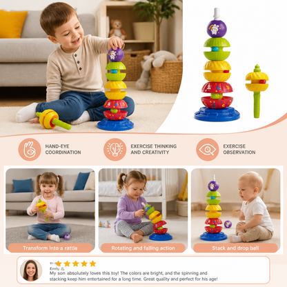 2-in-1 Interactive Rotating Stack & Ball Drop Tower with Rattle for Kids