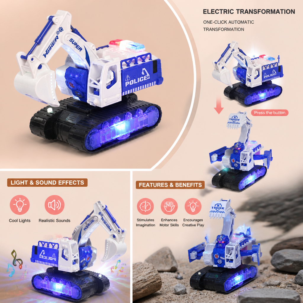 Transforming Police Robot Excavator Toy with Lights & Sounds