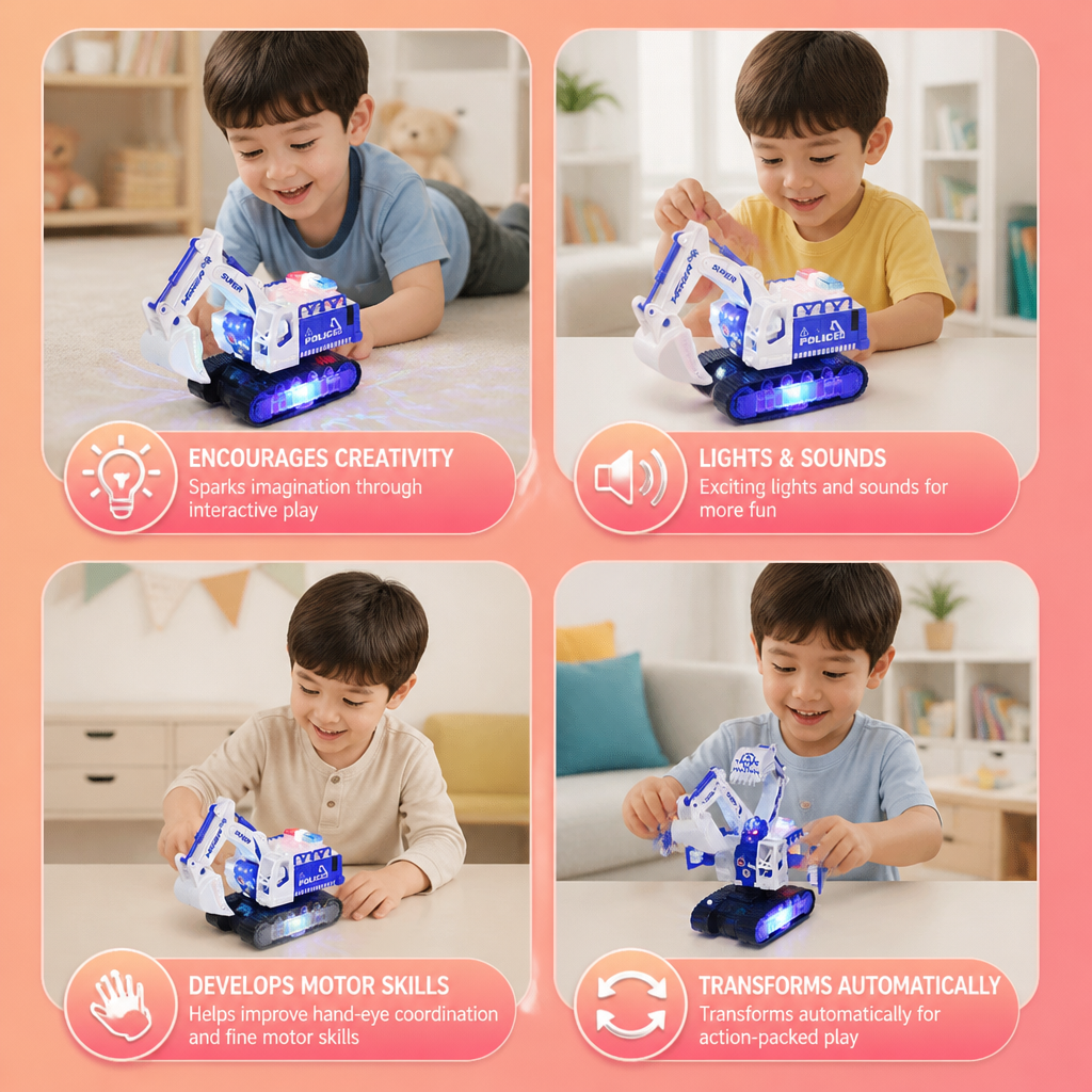 Transforming Police Robot Excavator Toy with Lights & Sounds