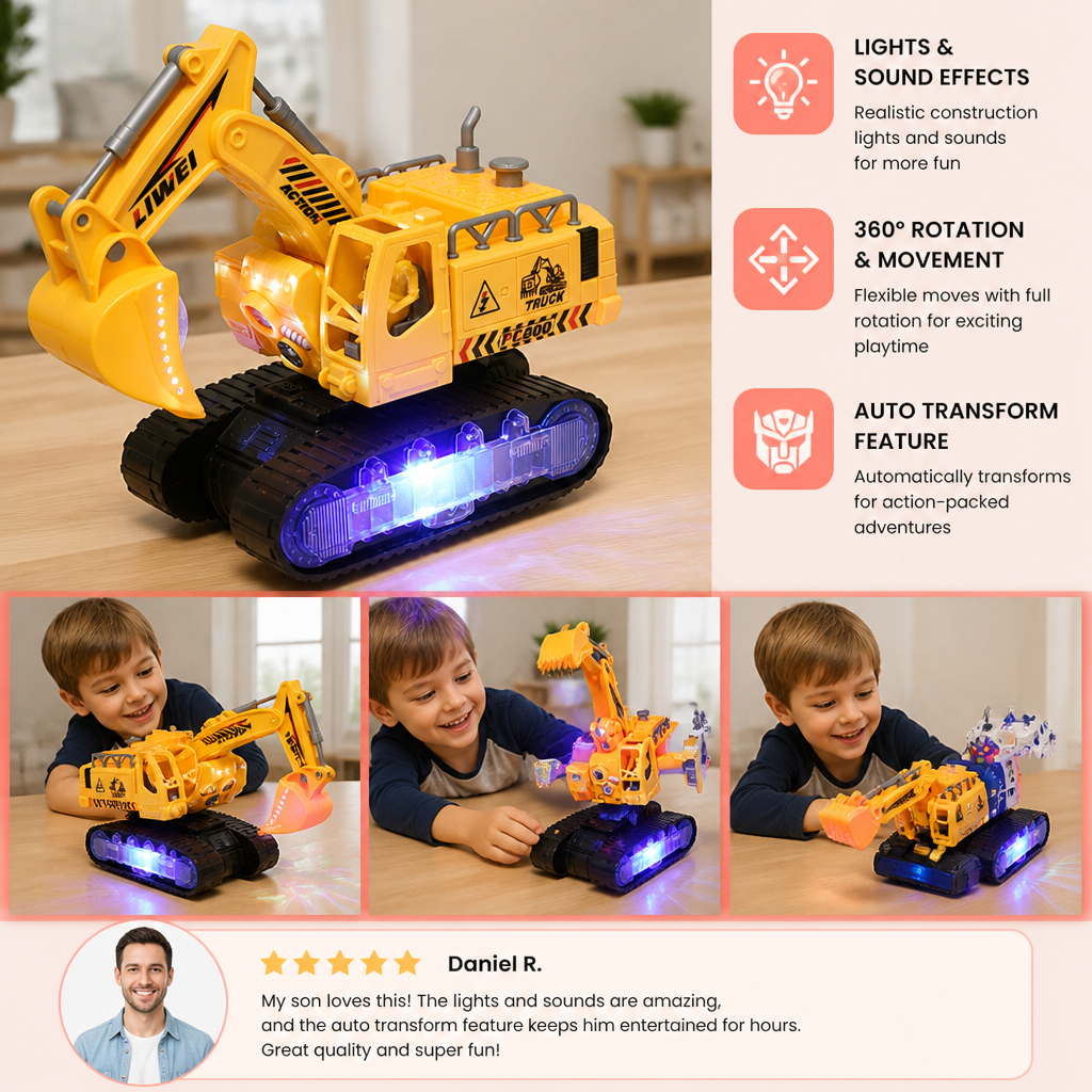 Transforming Police Robot Excavator Toy with Lights & Sounds