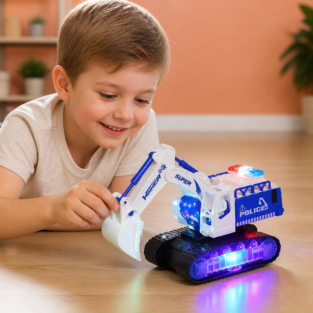 Transforming Police Robot Excavator Toy with Lights & Sounds