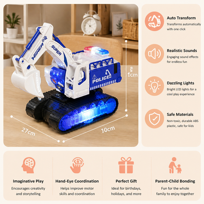 Transforming Police Robot Excavator Toy with Lights & Sounds