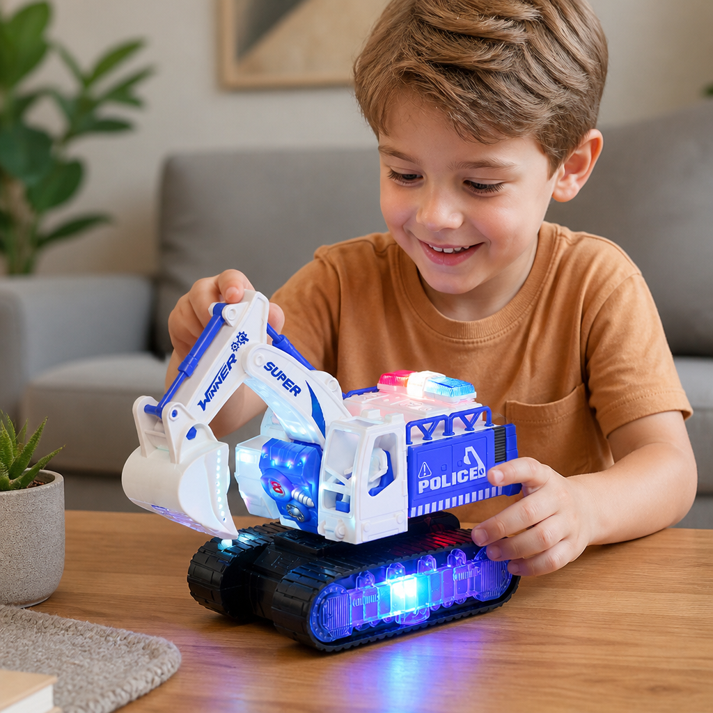 Transforming Police Robot Excavator Toy with Lights & Sounds