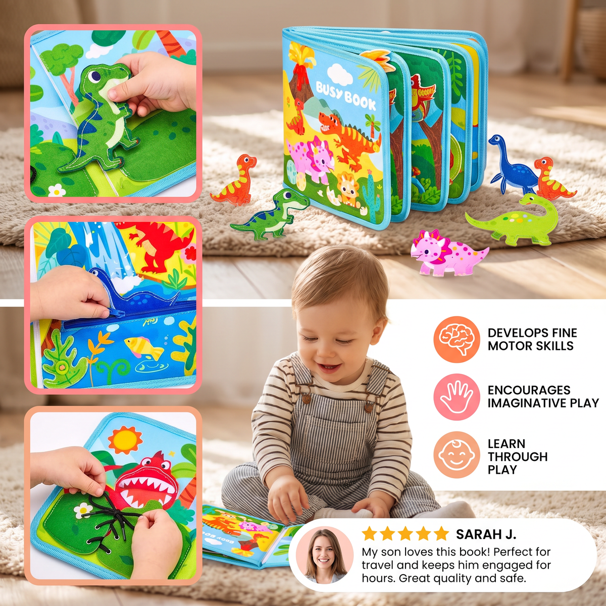 8-in-1 Montessori Dinosaur Busy Board Activity Book for Toddlers