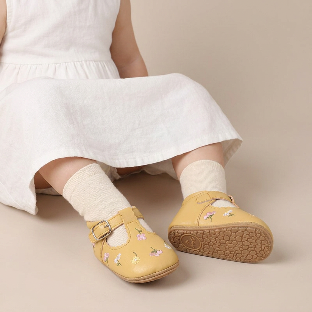 Floral Embroidered T-Strap Shoes