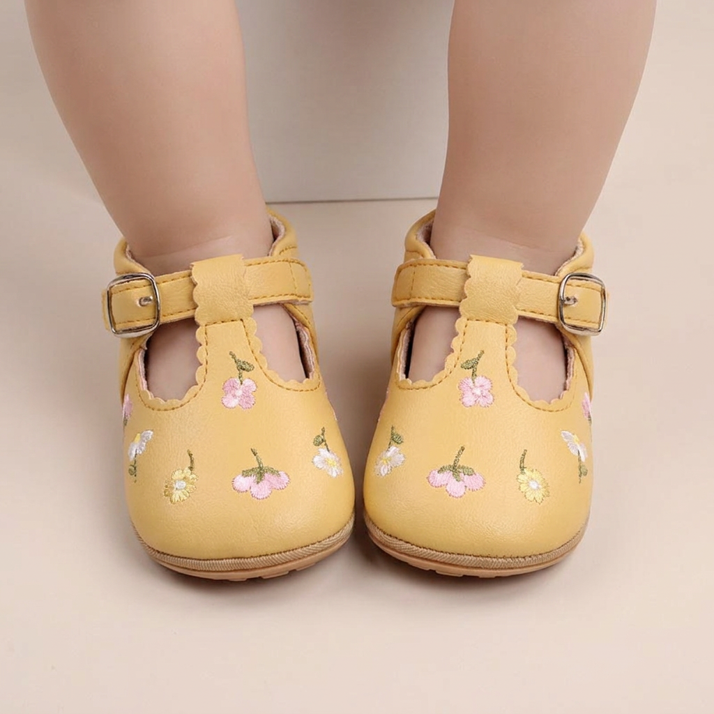 Floral Embroidered T-Strap Shoes