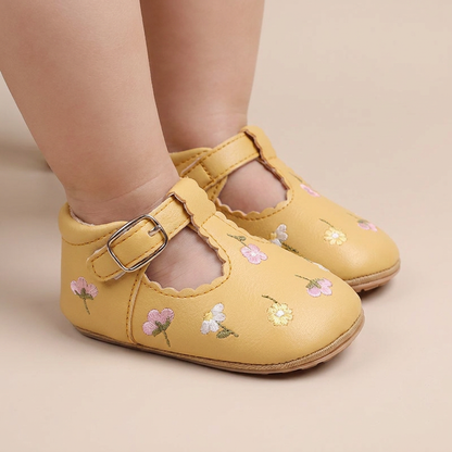 Floral Embroidered T-Strap Shoes