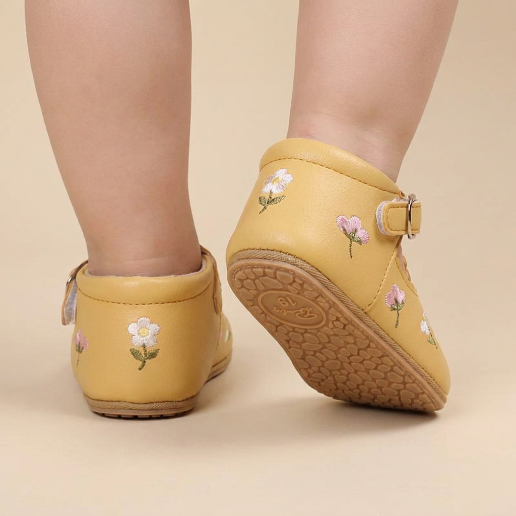 Floral Embroidered T-Strap Shoes