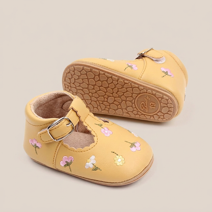 Floral Embroidered T-Strap Shoes