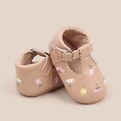 Floral Embroidered T-Strap Shoes