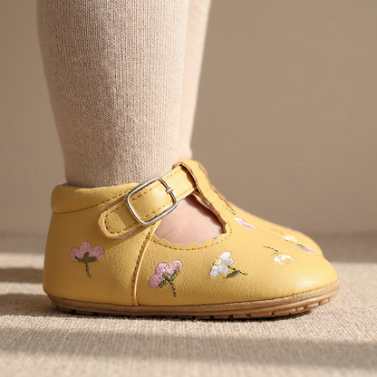 Floral Embroidered T-Strap Shoes
