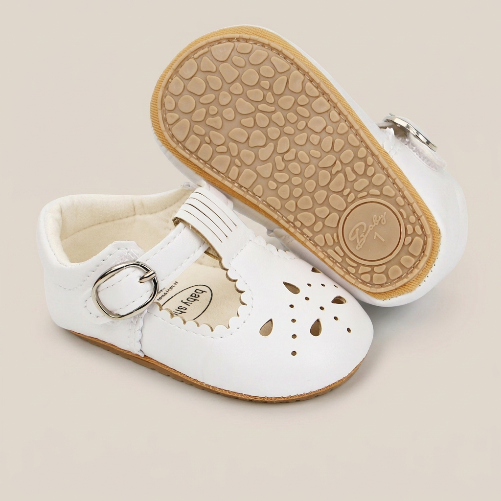 Perforated T-Strap Buckle Shoes