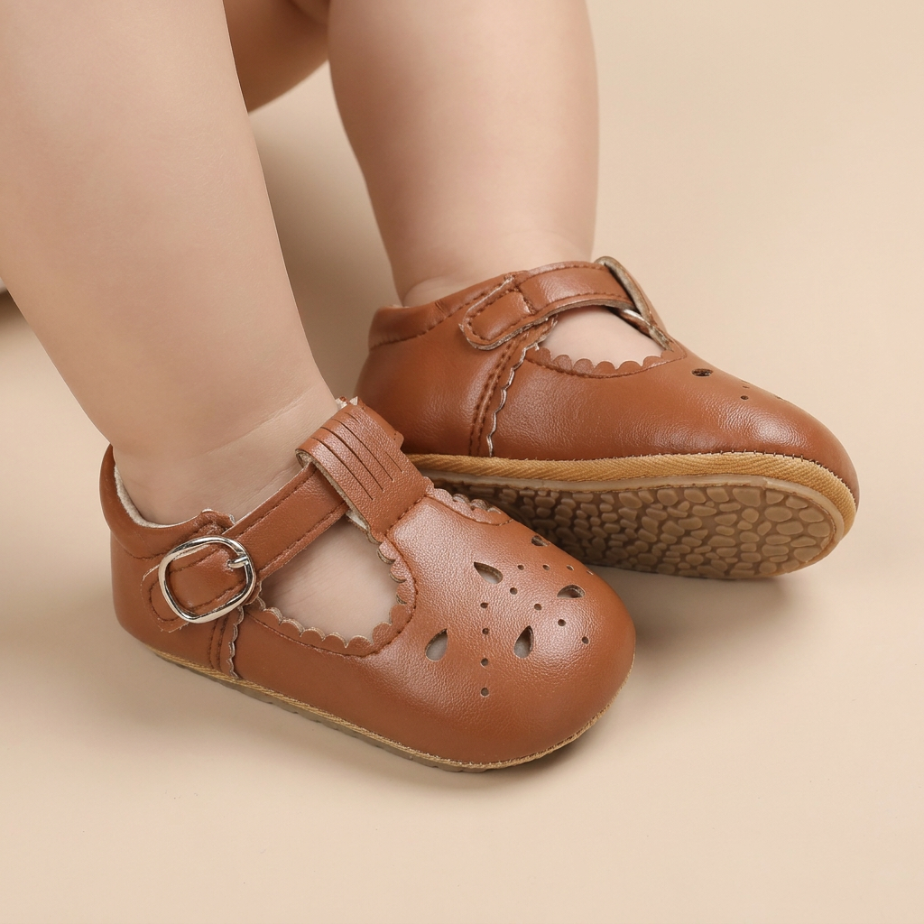 Perforated T-Strap Buckle Shoes