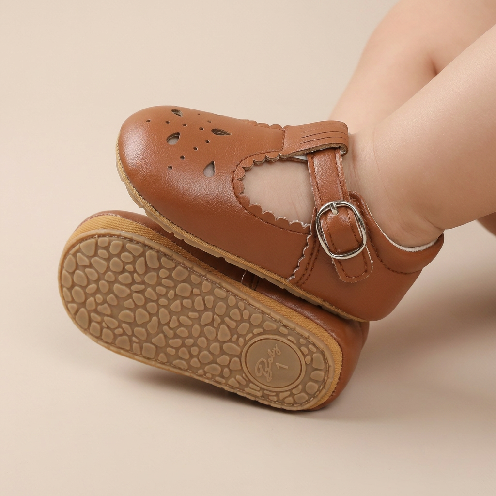Perforated T-Strap Buckle Shoes