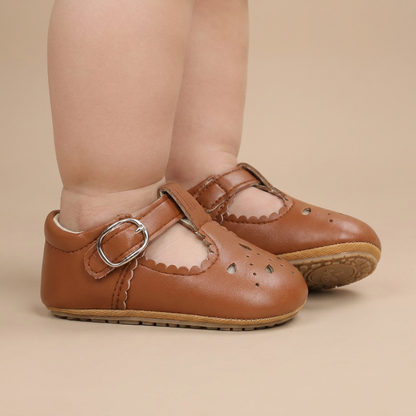 Perforated T-Strap Buckle Shoes