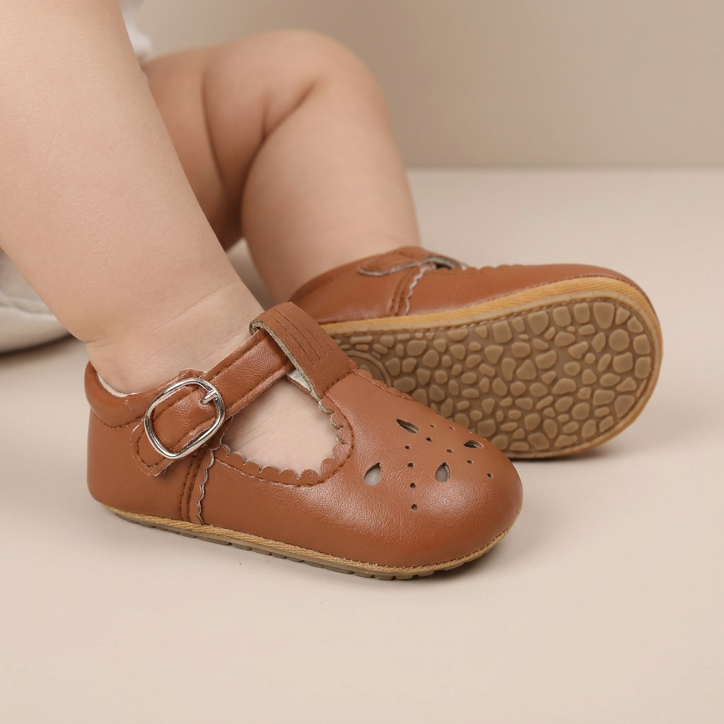 Perforated T-Strap Buckle Shoes