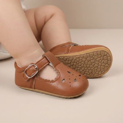Perforated T-Strap Buckle Shoes