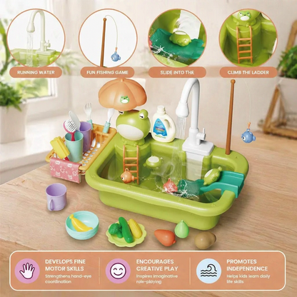 Kids Play Kitchen Sink Set with Running Water & Fishing Game