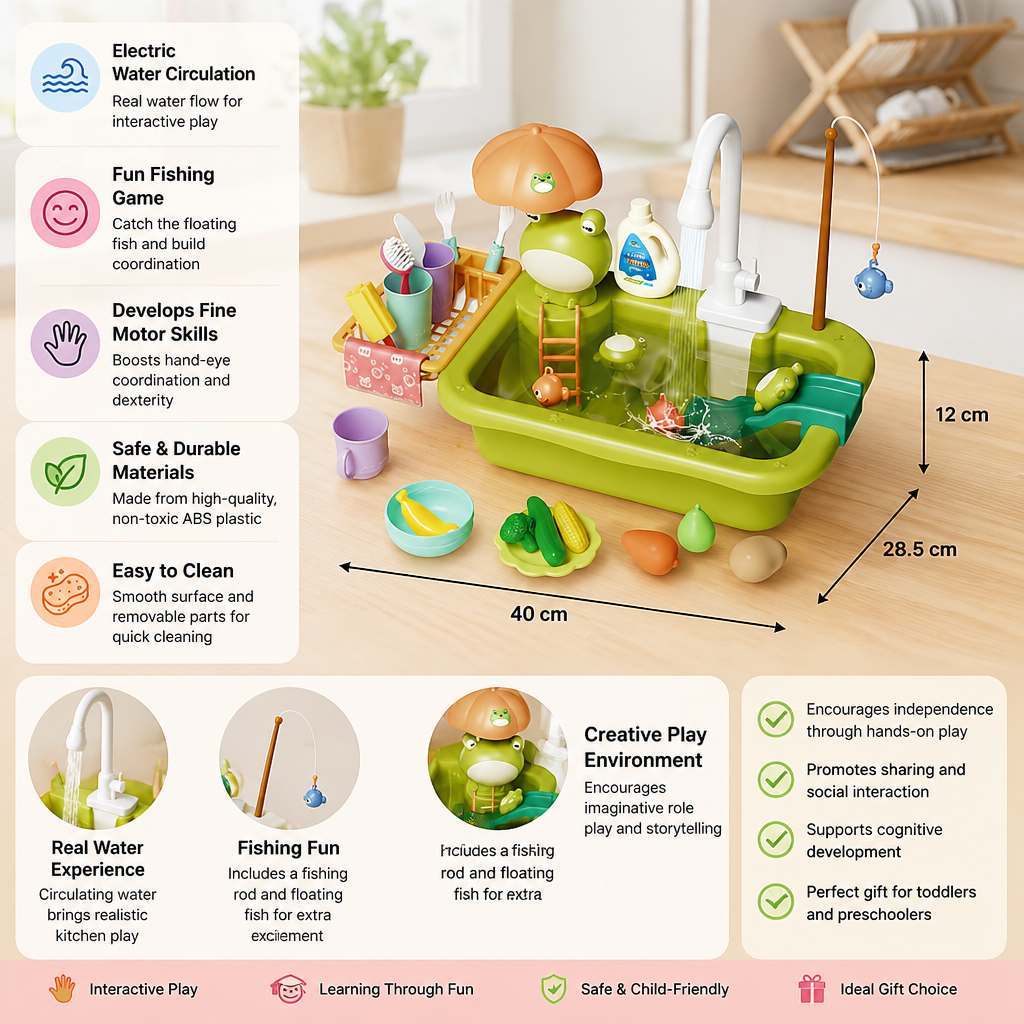 Kids Play Kitchen Sink Set with Running Water & Fishing Game