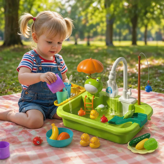Kids Play Kitchen Sink Set with Running Water & Fishing Game