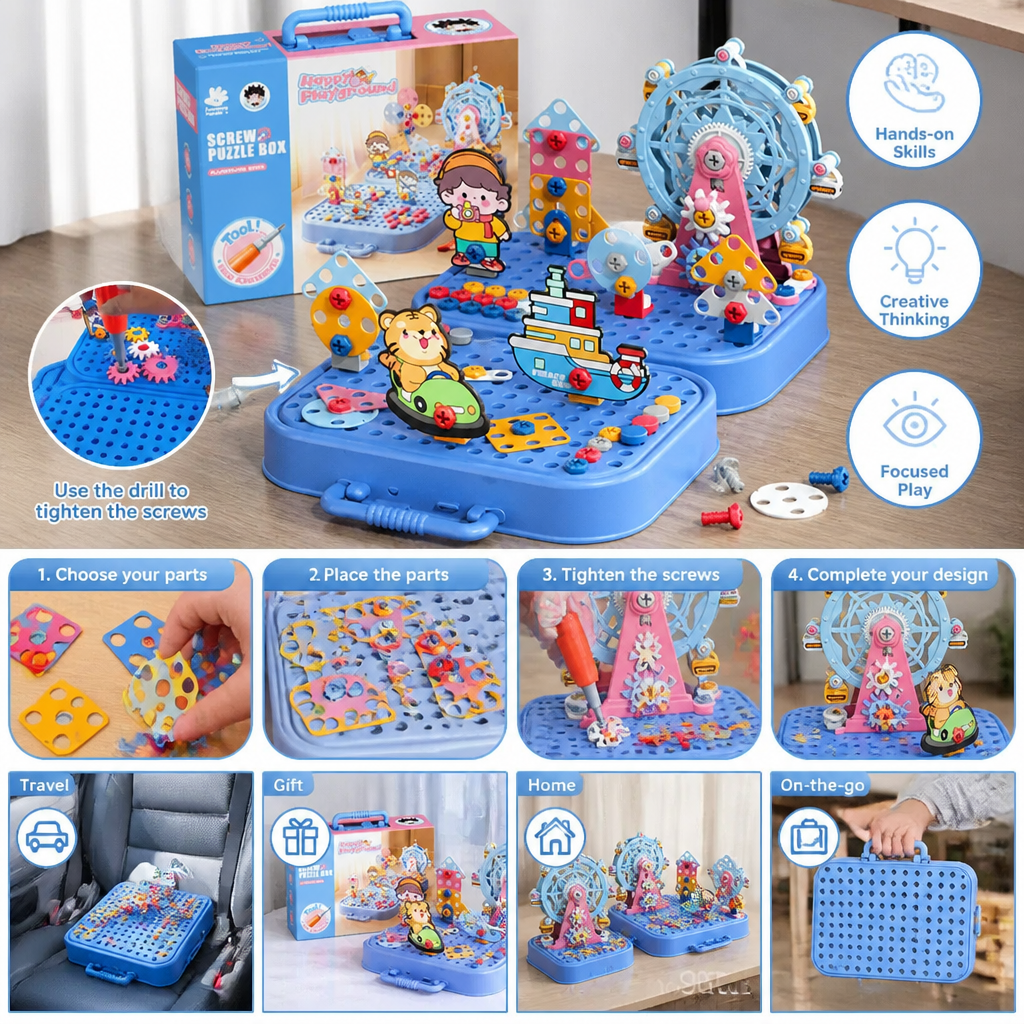 DIY Kids Engineering Tool Box with Building Board, Ferris Wheel & Electric Drill