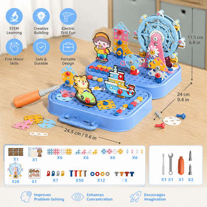 DIY Kids Engineering Tool Box with Building Board, Ferris Wheel & Electric Drill