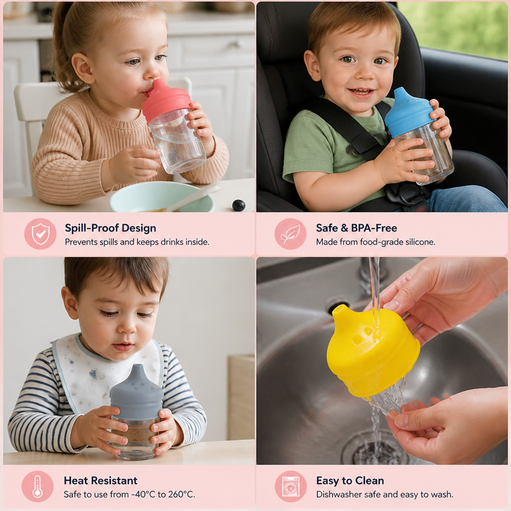 BPA-Free Spillproof Silicone Sippy Cup Lids with Straw
