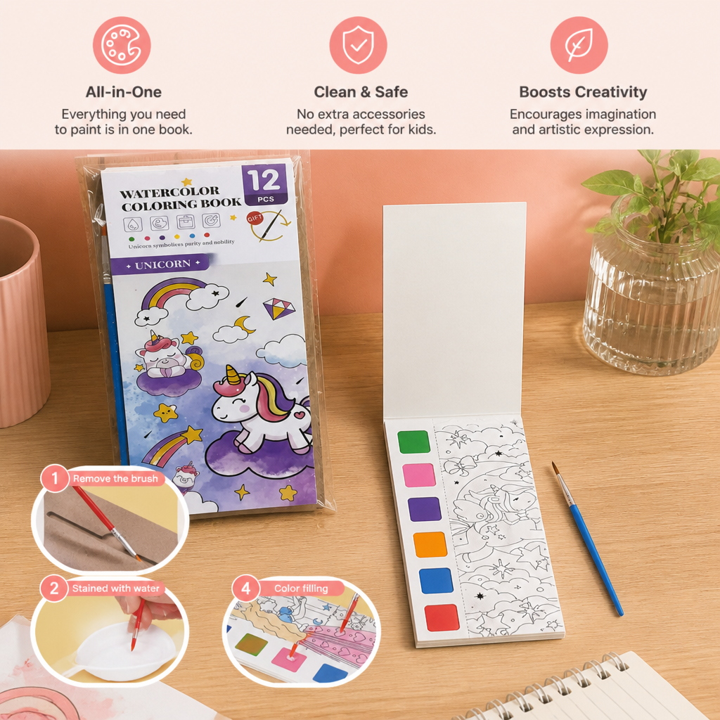 All-in-One Watercolour Painting Book with Built-In Paint & Brush