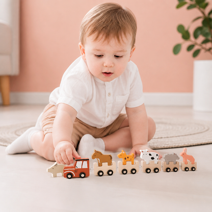 Wooden Farm Animal Train – Toy with Flexible Wheels for Children
