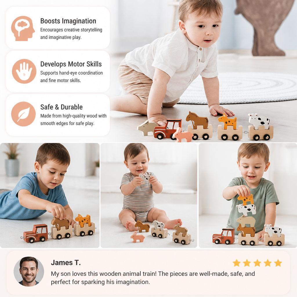 Wooden Farm Animal Train – Toy with Flexible Wheels for Children