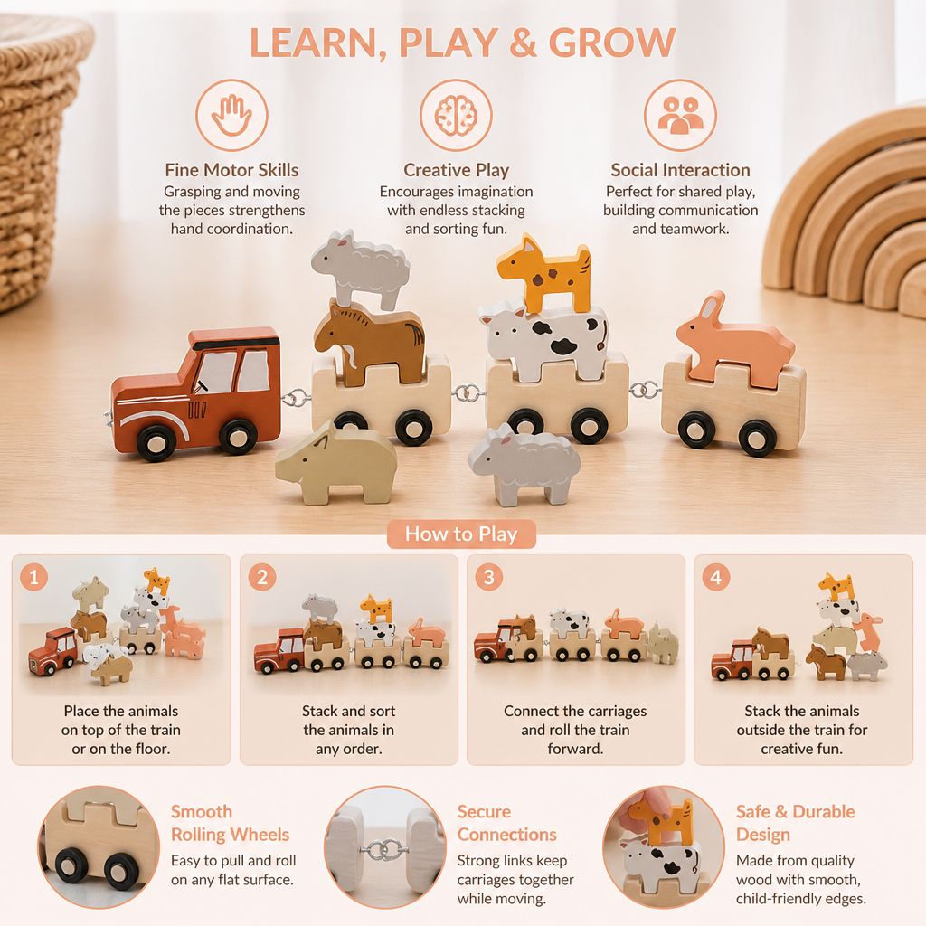 Wooden Farm Animal Train – Toy with Flexible Wheels for Children