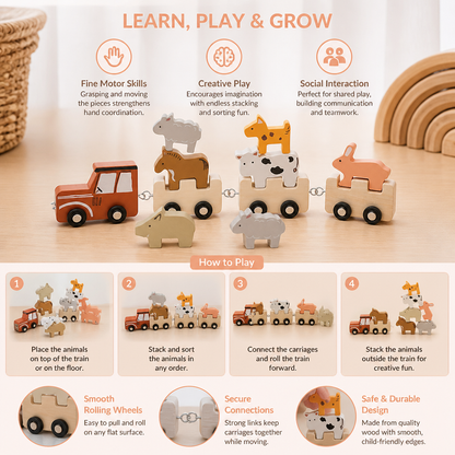 Wooden Farm Animal Train – Toy with Flexible Wheels for Children