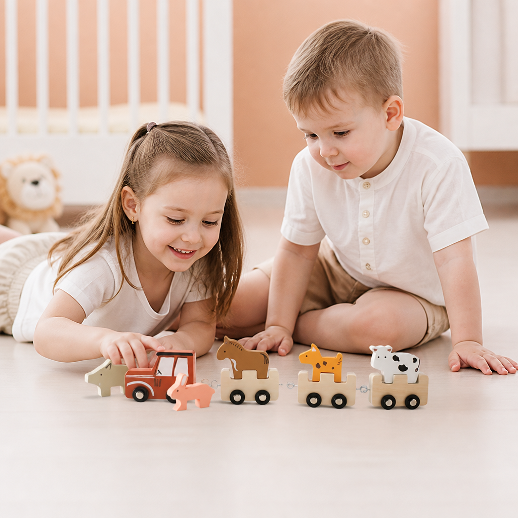 Wooden Farm Animal Train – Toy with Flexible Wheels for Children