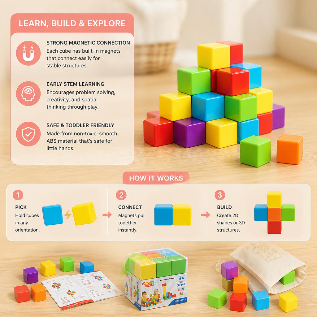 Toddler Safe 4.2cm Magnetic Building Cubes – STEM Learning Blocks