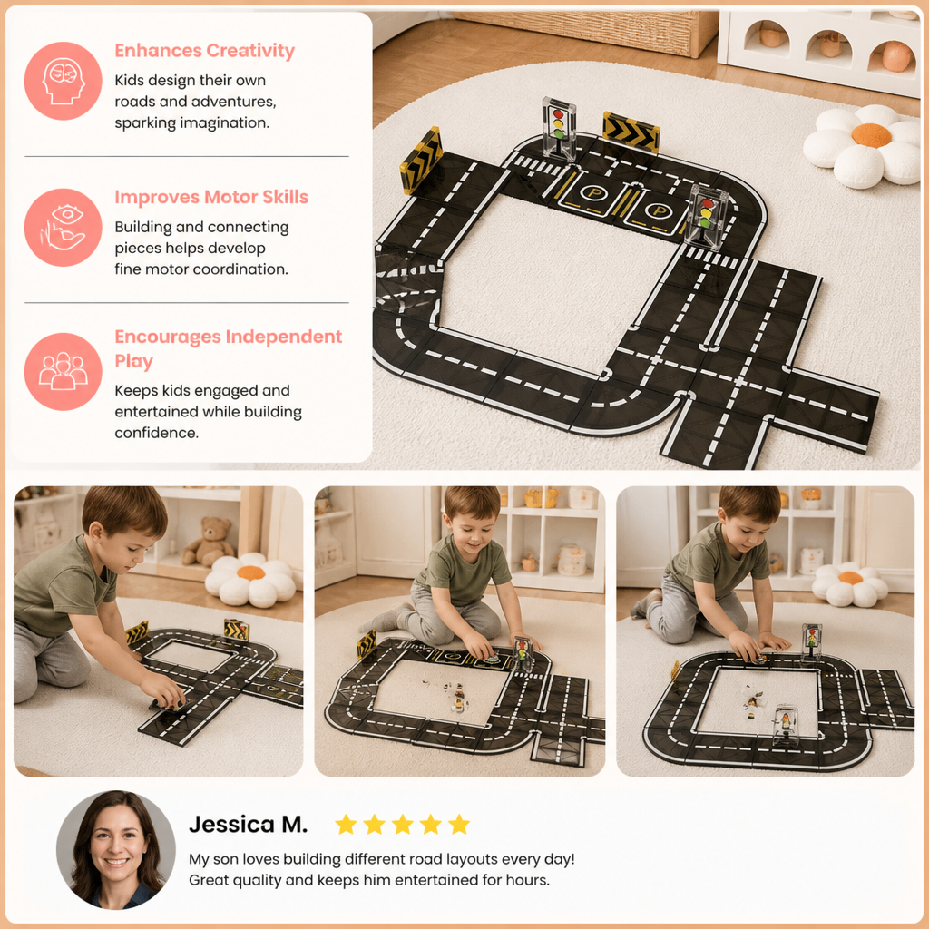 Magnetic Tiles & Building Blocks Set with Roads & Traffic Lights