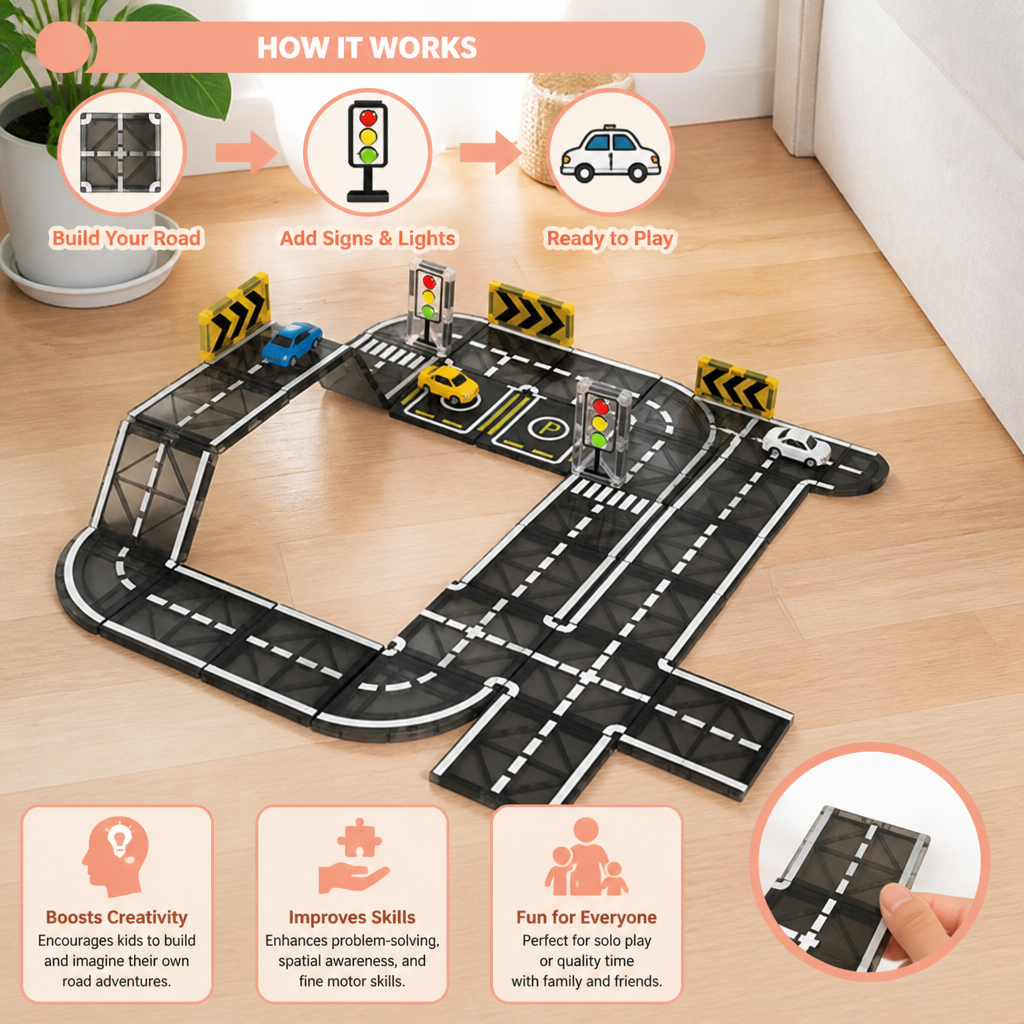 Magnetic Tiles & Building Blocks Set with Roads & Traffic Lights