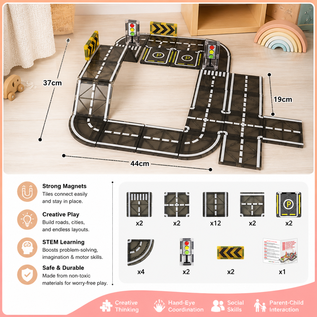 Magnetic Tiles & Building Blocks Set with Roads & Traffic Lights