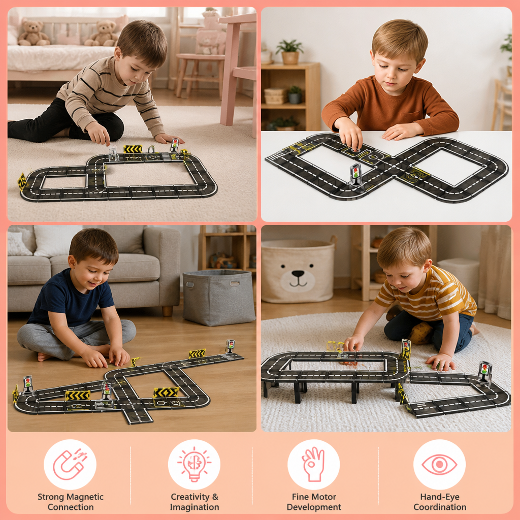 Magnetic Tiles & Building Blocks Set with Roads & Traffic Lights